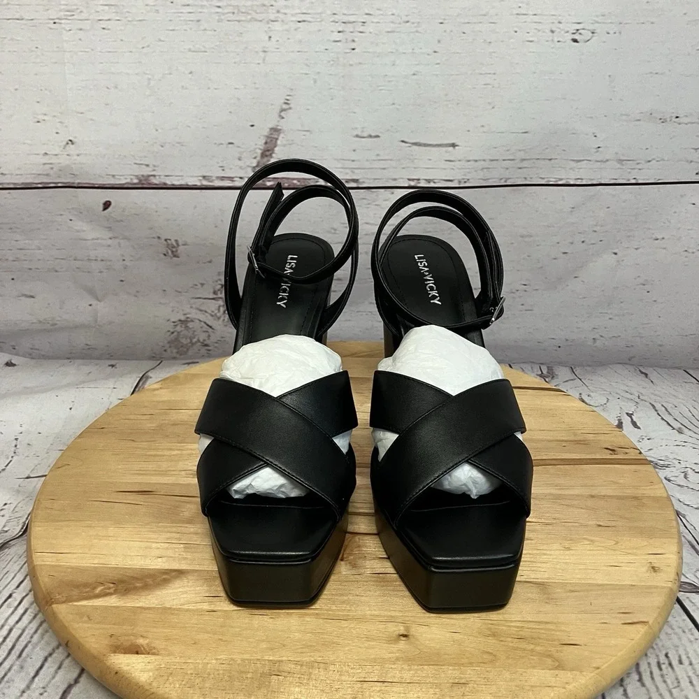 Lisa Vicky Shoes Jazz Black Leather‎ Womens Size 8M Block Heel Open Toe